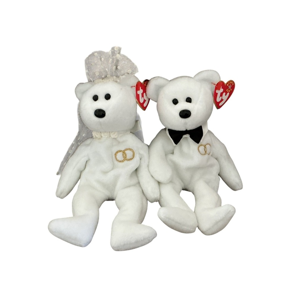 TY Mr & Mrs Bride And Groom Beanie Babies Wedding Bear Plush Set